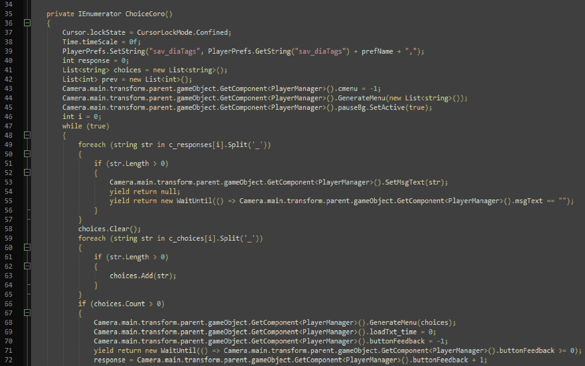 Screenshot of code that runs the dialogue system