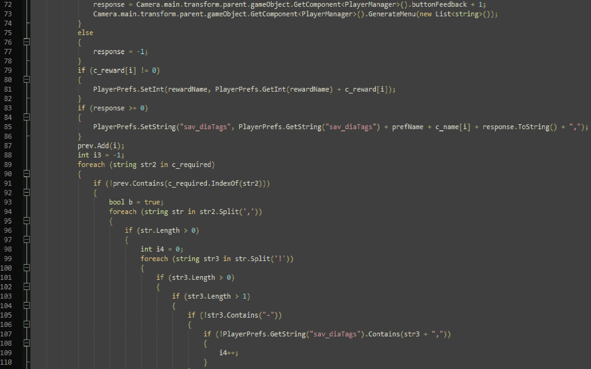 Screenshot of code that runs the dialogue system
