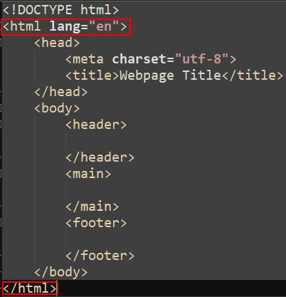 Basic HTML website foundational structure, html tags highlighted